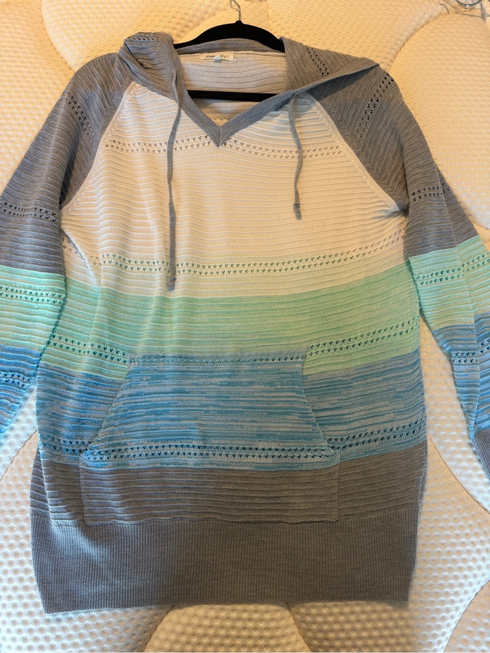Striped Hooded Knit Sweater - Gray, White & Aqua - Picture 2 of 6